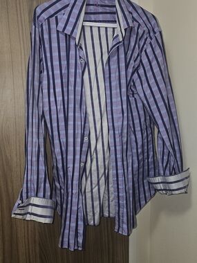 Bugatchi Lavender and Navy Vertical Stripe Button-Down Shirt XL